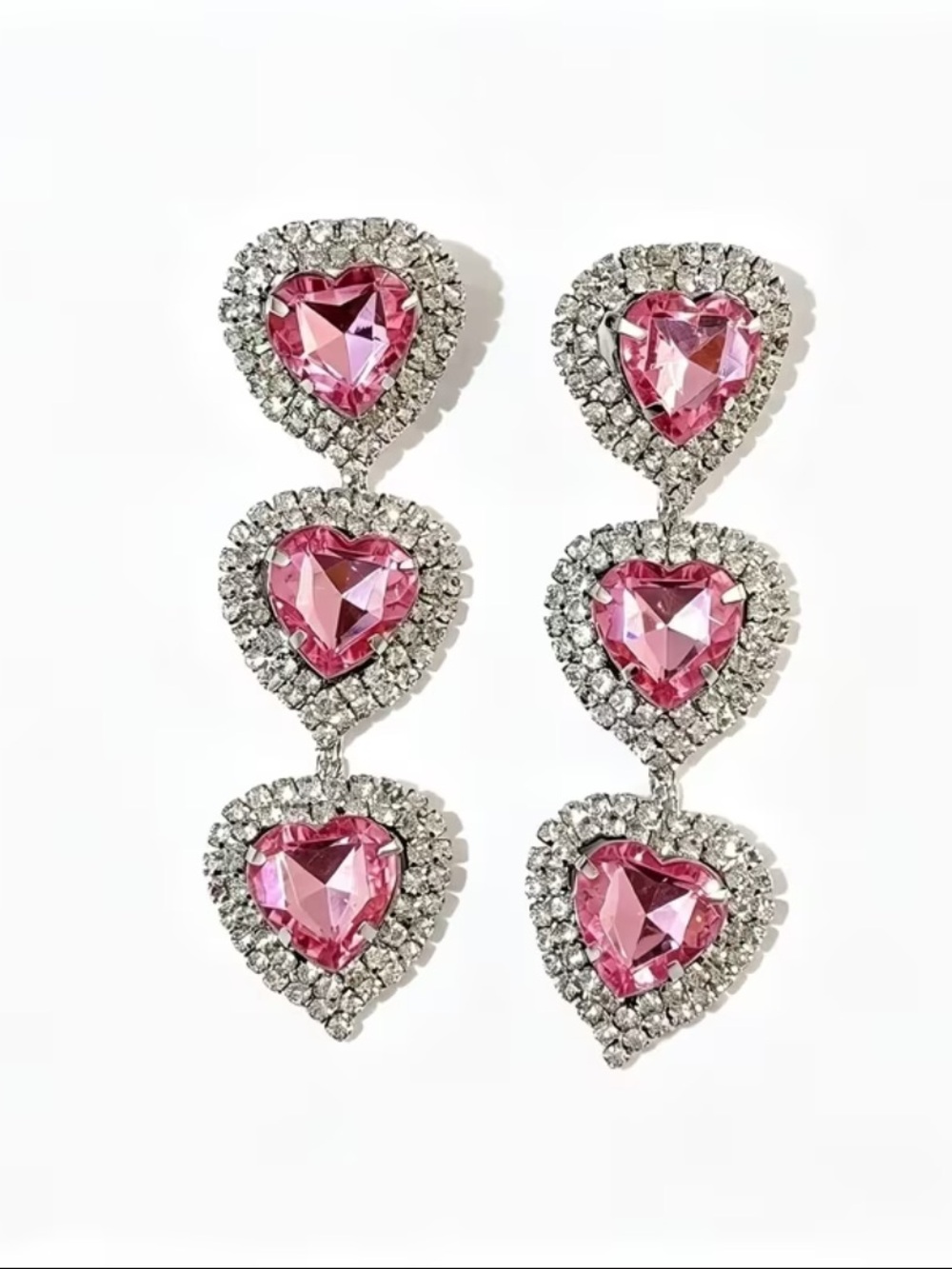 Pink Heart Drop Earrings with Crystal Halo